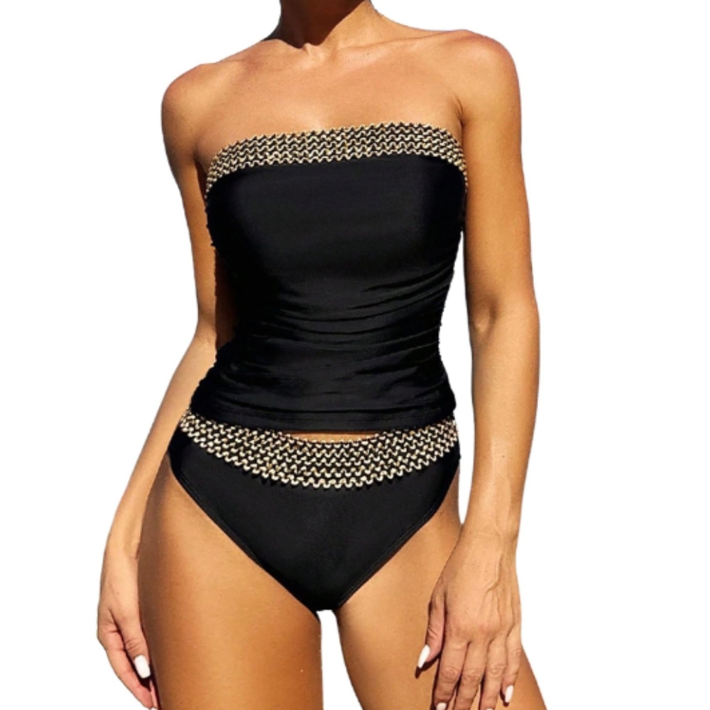 WDIRARA Women's 2 Piece Color Block Tankini Set Bandeau Strapless Ruched Bathing